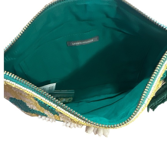 Anthropologie Fiona Large Beaded Pouch Yellow Lattice Floral Top Zipper Closure - Picture 7 of 12